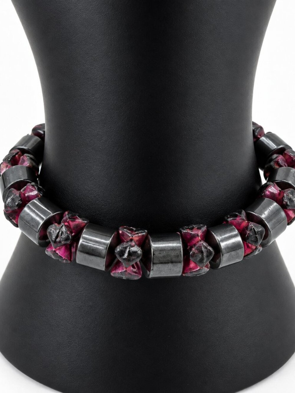 Hematite & Garnet Stone Beaded Stretch Bracelet Burgundy Gray